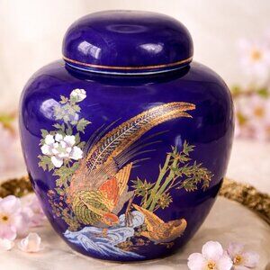Vintage Japanese Cobalt Blue Pheasant Ginger Jar w/Lid –Hand Painted Gold Accent